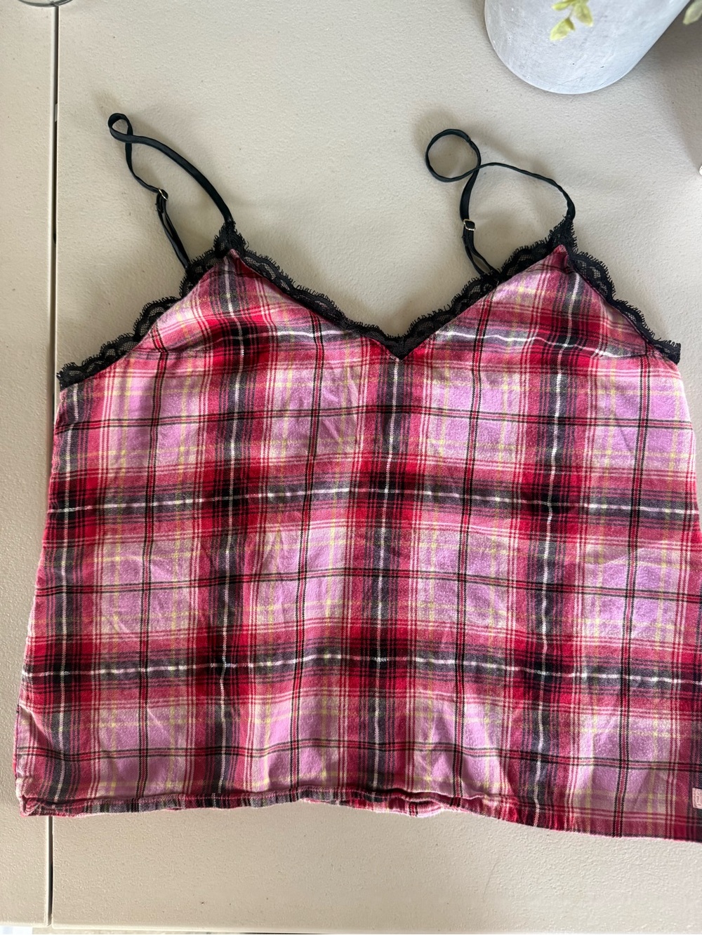VS Plaid Lace-Trim Pink Red Cami Top